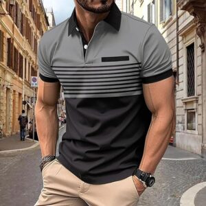 Letuwj Camisa polo masculina listrada de manga curta com zíper