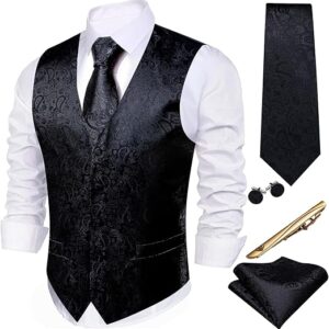 Barry.Wang Colete masculino formal Paisley Jacquard seda gravata conjunto de colete casamento 5 peças