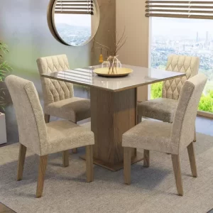 Sala Jantar Estofada Mesa Tampo Vidro 4 Cadeiras Madesa Anaju Rci Cor Rustic/Crema/Imperial MDJA0401387GSIM