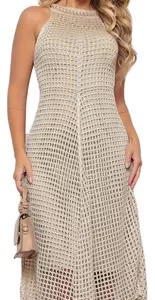 Vestido Midi Feminino Malha De Tricô Crochê Rendado Botões